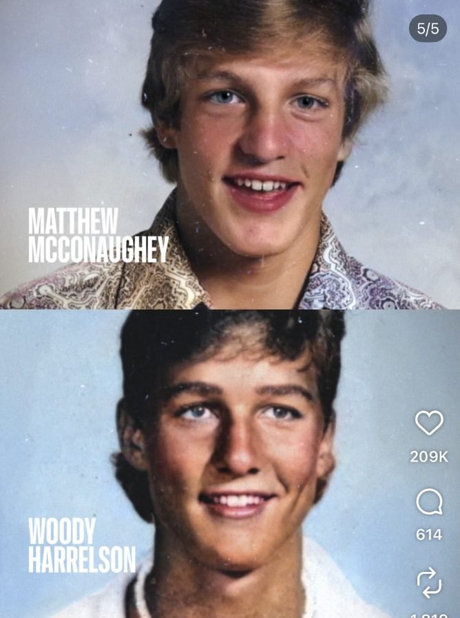 The two high-school yearbook portraits printed on the tees