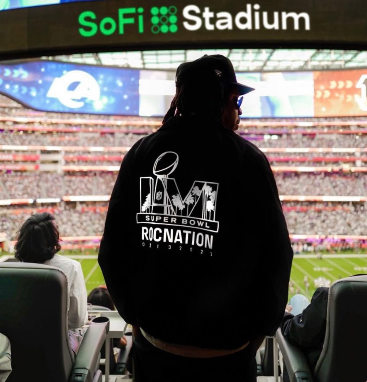 Jay-Z at SoFi Stadium in a Roc Nation Super Bowl coaches jacket